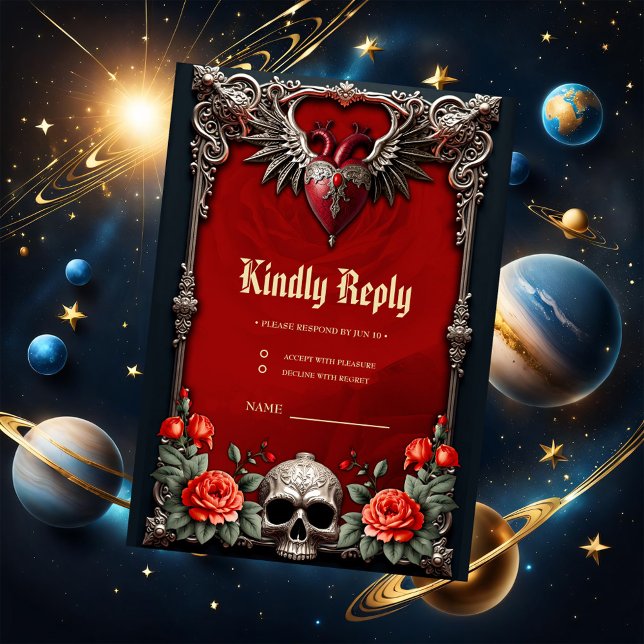 Romantic Gothic icon: heart, rose, skull.  RSVP Card (Creator Uploaded)
