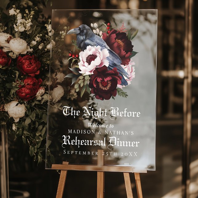 Romantic Gothic Raven Wedding Rehearsal Dinner Acrylic Sign (Creator Uploaded)