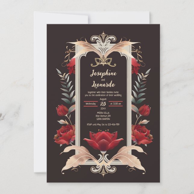 Romantic Gothic Red Rose and Gold Wedding Invitation (Front)