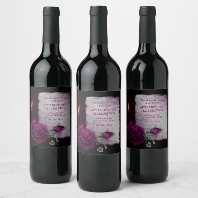 Romantic Gothic Rose & Candle Birthday Wine Label (Bottles)