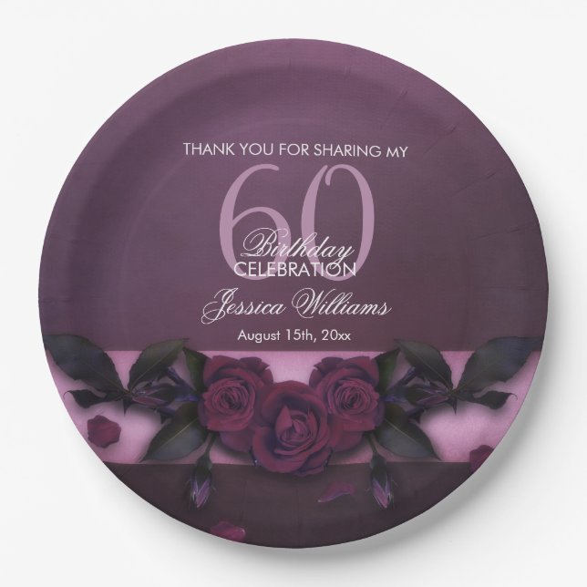 Romantic Gothic Roses & Petals Birthday Paper Plate (Front)