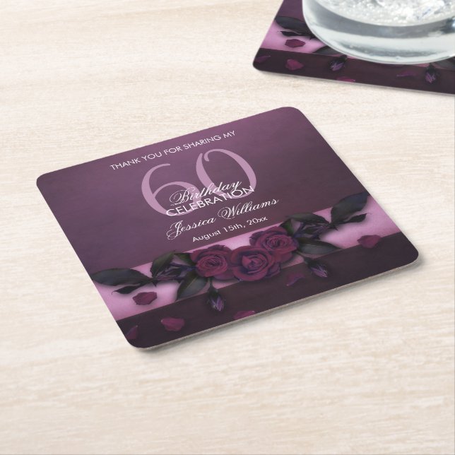 Romantic Gothic Roses & Petals Birthday Square Paper Coaster (Angled)