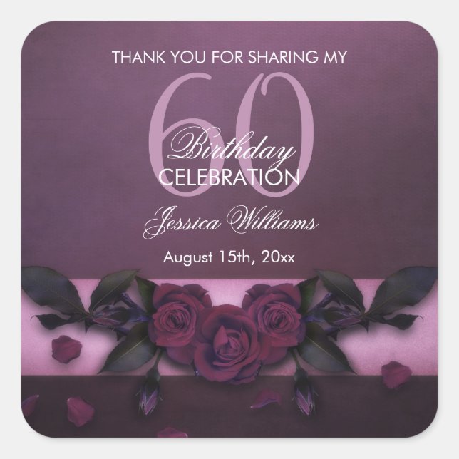 Romantic Gothic Roses & Petals Birthday Square Sticker (Front)