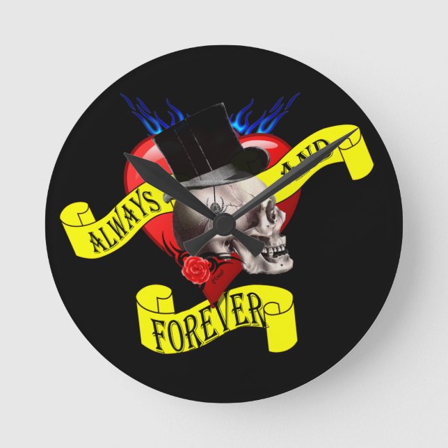 Romantic Gothic Skull Valentines love heart Round Clock (Front)
