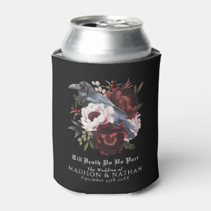 Romantic Gothic Watercolor Raven Floral Wedding Can Cooler