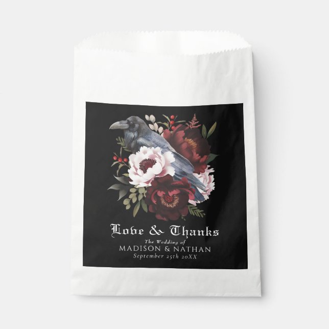 Romantic Gothic Watercolor Raven Floral Wedding Favour Bags (Front)
