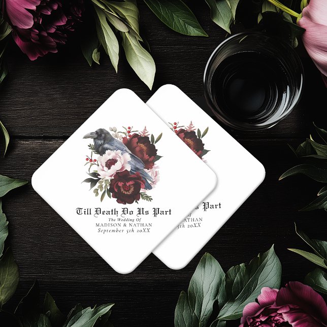 Romantic Gothic Watercolor Raven Floral Wedding  Paper Coaster (Creator Uploaded)