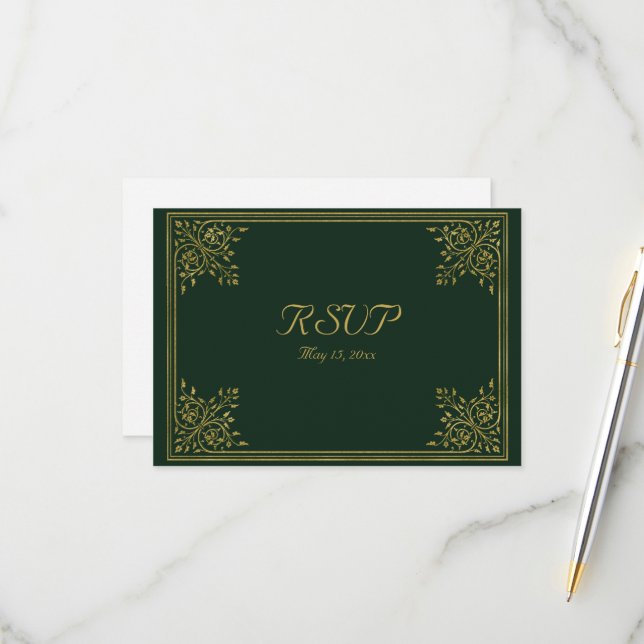 Romantic Green and Gold Frame  RSVP Card (Front/Back In Situ)
