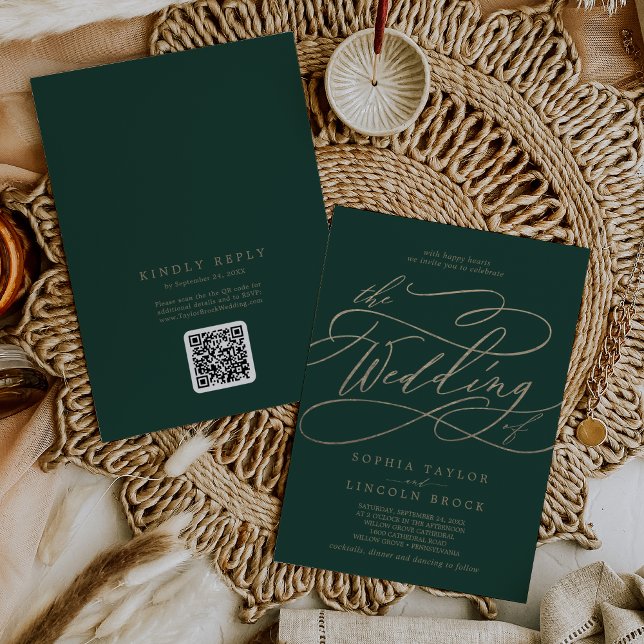 Romantic Green and Gold QR Code All In One Wedding Invitation (Creator Uploaded)