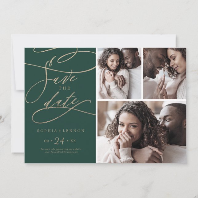 Romantic Green Calligraphy 3 Photo Collage Save The Date (Front)