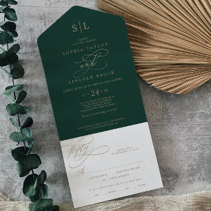 Romantic Green Calligraphy Monogram Wedding All In One Invitation
