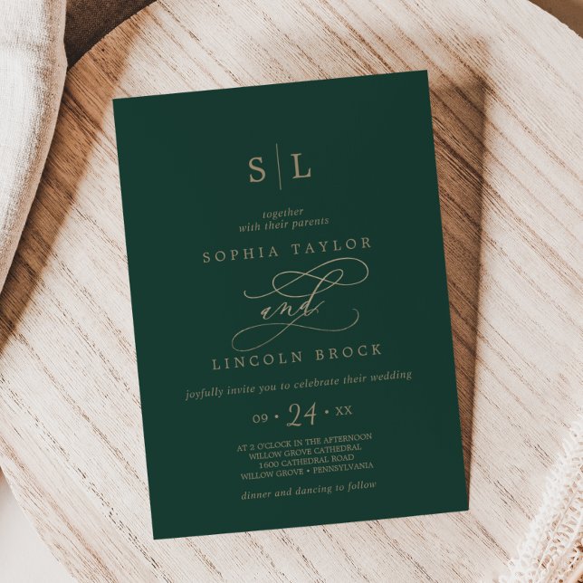 Romantic Green Calligraphy Monogram Wedding Invitation (Creator Uploaded)