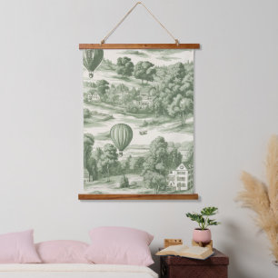 Romantic Green Countryside Toile Balloon Pattern Hanging Tapestry