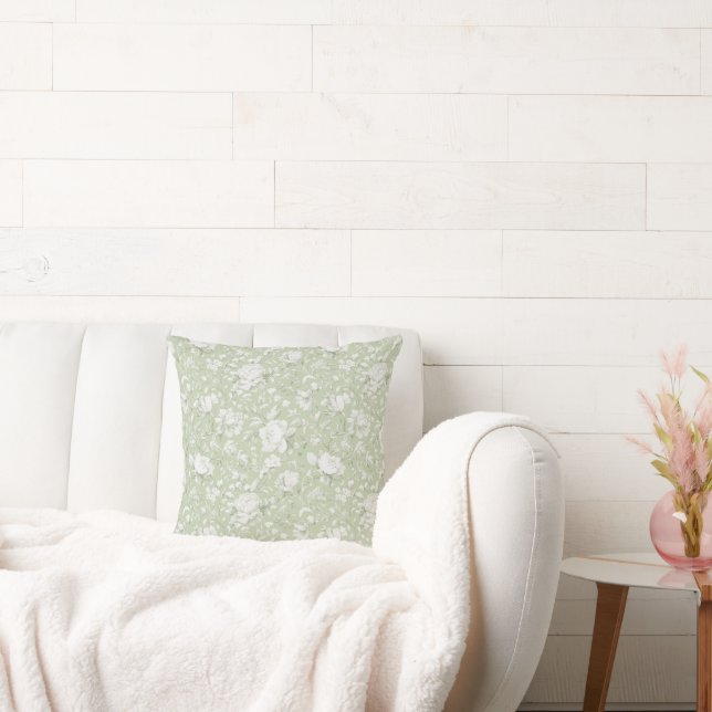 Romantic Green Cream White Flowers Cushion (Couch)