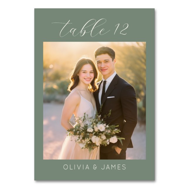 Romantic Green Elegant Photo Table Number (Front)