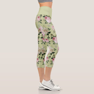 Romantic green floral pattern roses capri leggings