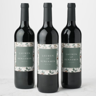 Romantic Green Floral Vintage Border Wine Label