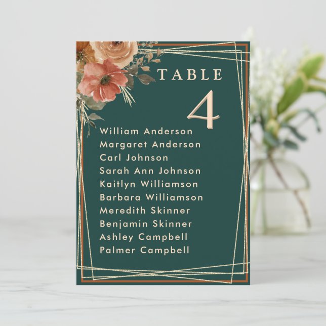 Romantic Green Floral Wedding Table Seating Card (Standing Front)