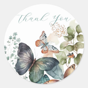 Romantic green flowers and butterfly thank you classic round sticker