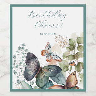 Romantic green flowers and butterfly wine label