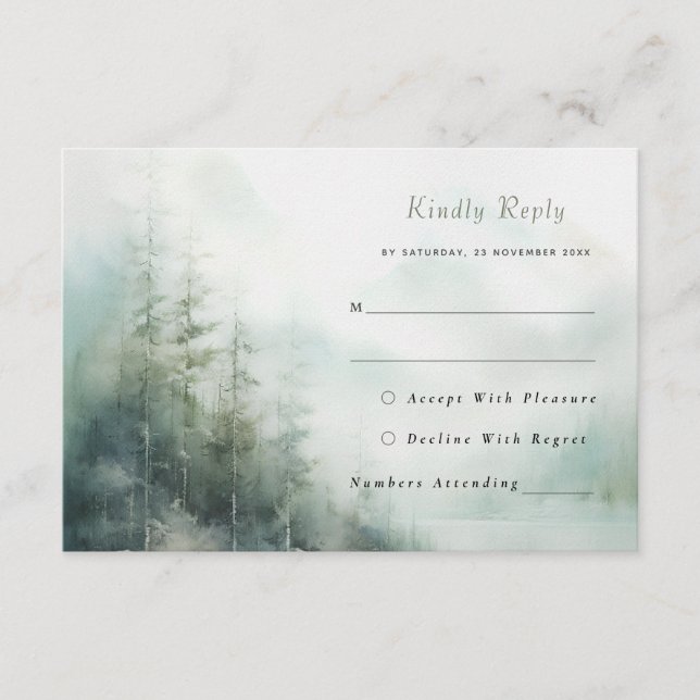 Romantic green forest Wedding RSVP Card (Front)