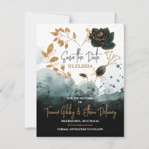 Romantic Green, Gold Rose Heart Save the Date Card