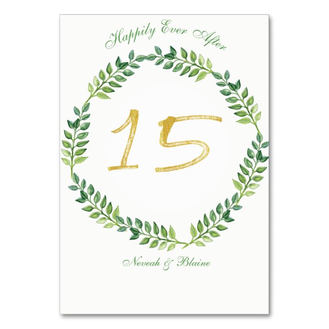 Romantic Green Leaves -  Wedding table card15ring Table Number (Front)