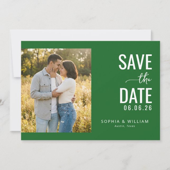 Romantic Green Minimalist Photo Save The Date (Front)