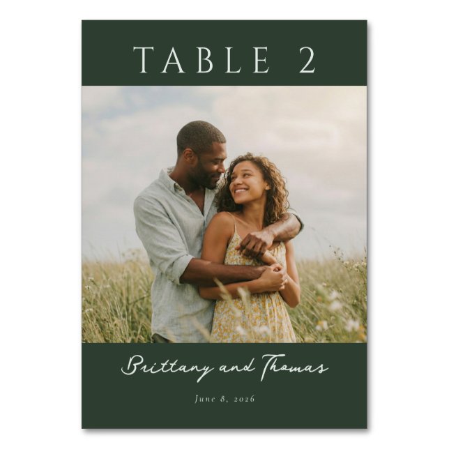 Romantic Green Minimalist Photo Table Number (Front)