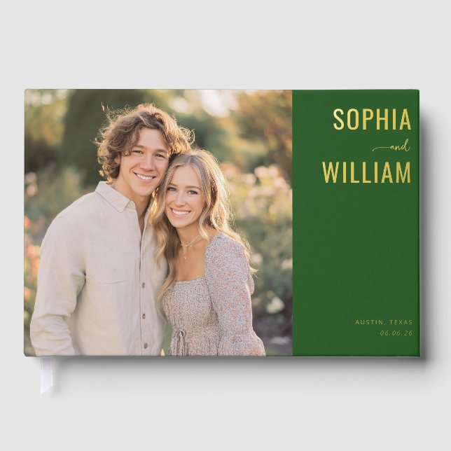 Romantic Green Modern Photo Guest Book (Front)