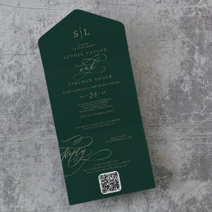 Romantic Green Monogram QR Code Wedding All In One Invitation