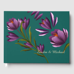 Romantic green purple flower wedding guest book