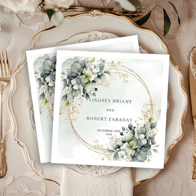 Romantic Greenery and Gold Botanical Wedding Napkin (Romantic Greenery and Gold Botanical Wedding Napkins)