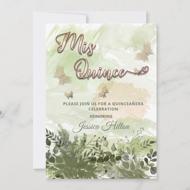Romantic greenery Butterfly  garden Mis quince Invitation (Front)