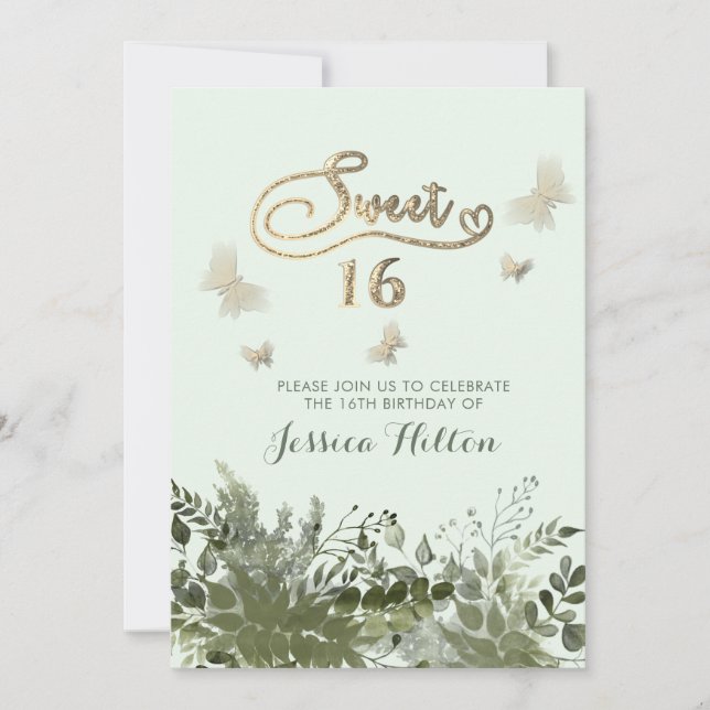 Romantic greenery Butterfly  garden sweet sixteen  Invitation (Front)