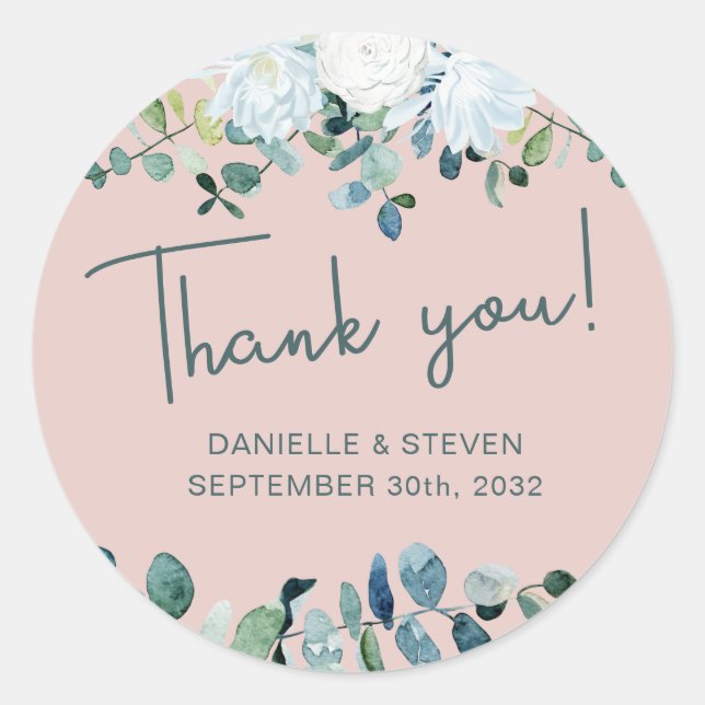 Romantic greenery eucalyptus names & wedding date classic round sticker (Front)