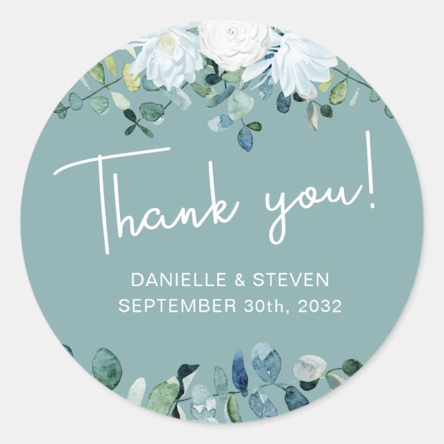 Romantic greenery eucalyptus names & wedding date classic round sticker (Front)