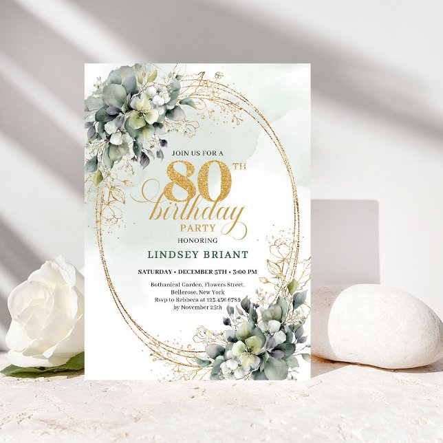 Romantic Greenery Gold 80th Birthday Invitation (Romantic Greenery Gold 80th Birthday Invitation)