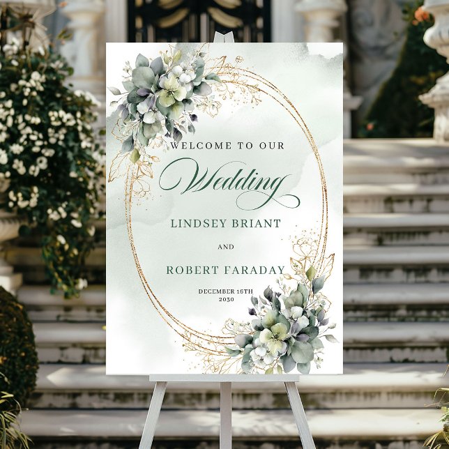 Romantic Greenery Gold Wedding Welcome Poster (Romantic Greenery Gold Wedding Welcome Poster)