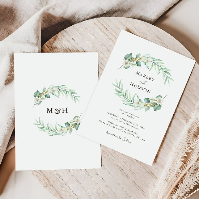Romantic Greenery Wreath monogram Wedding Invitation (Creator Uploaded)
