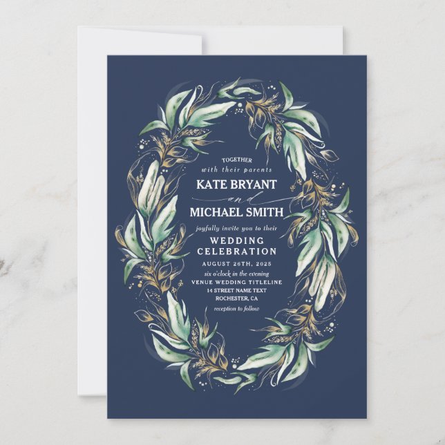 Romantic Greenery Wreath Navy Blue Fall Wedding Invitation (Front)