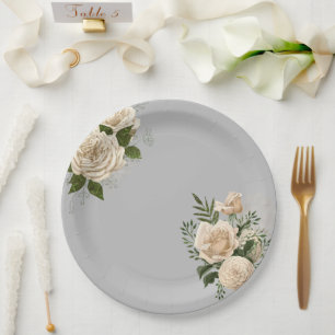 Romantic Grey Ivory Floral Wedding Paper Plate