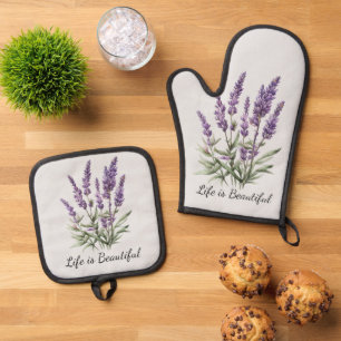 Romantic Grey Purple Lavender Floral Bridal Shower Oven Mitt & Pot Holder Set