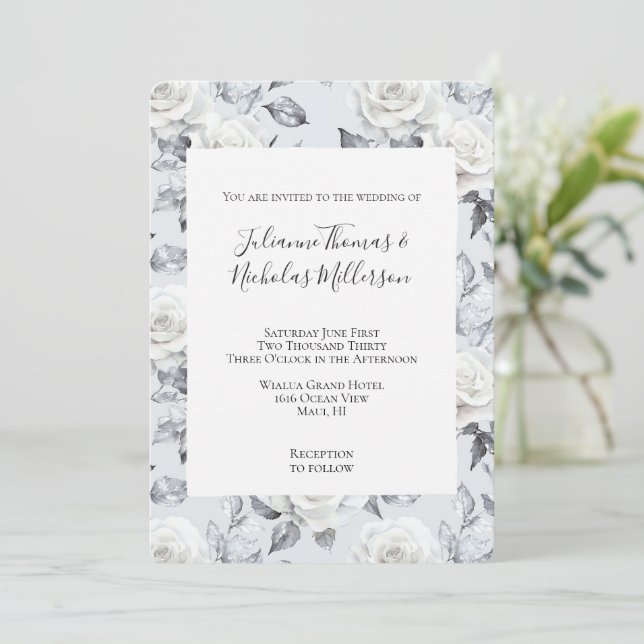 Romantic Grey Silver White Rose Floral Wedding Invitation (Standing Front)
