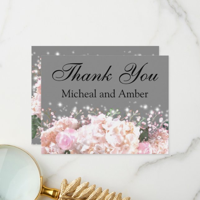 Romantic grey & white lace hydrangeas pink roses thank you card (Front/Back In Situ)