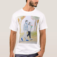 Romantic Hand-Drawn Couple Walking in Park t-shirt