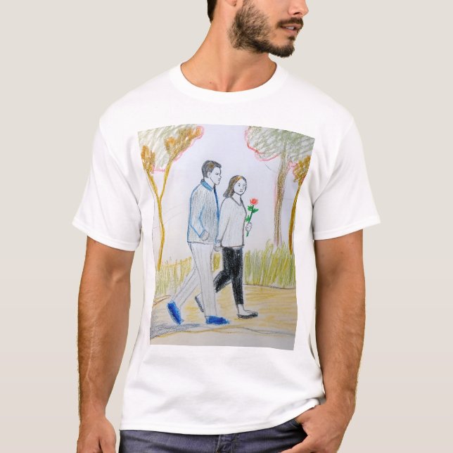 Romantic Hand-Drawn Couple Walking in Park t-shirt (Front)