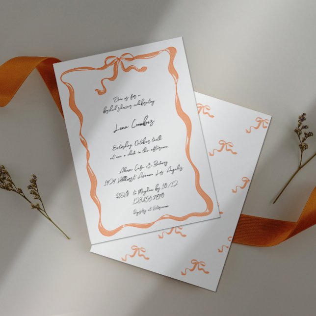 Romantic Hand-Drawn Ribbon Bow Frame Bridal Shower Invitation (Bridal shower invite with ribbon bow border on an orange ribbon and plain background. )