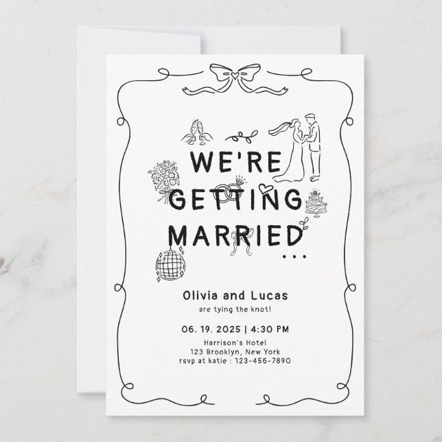 Romantic Hand Drawn Whimsical Black White Wedding Invitation (Front)
