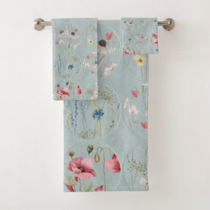 Romantic Handpainted Wild Flowers Circles Blue Bath Towel Set
